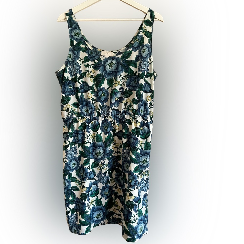 LOFT Blue/Cream Sleeveless Scoop Neck Lined Dress